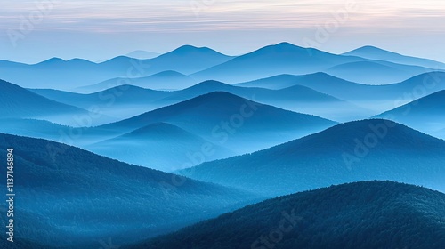 Mysterious fog concept. Serene blue mountains create a tranquil and peaceful atmosphere in nature.