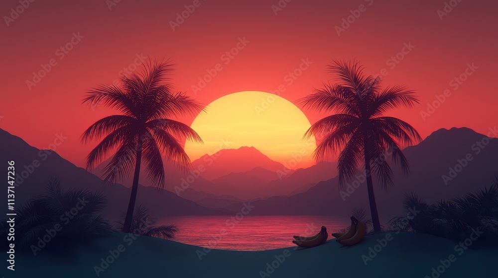 Tropical Sunset Paradise Palms, Ocean, and Bananas Tropical Sunset Paradise Palms, Ocean, and Bananas