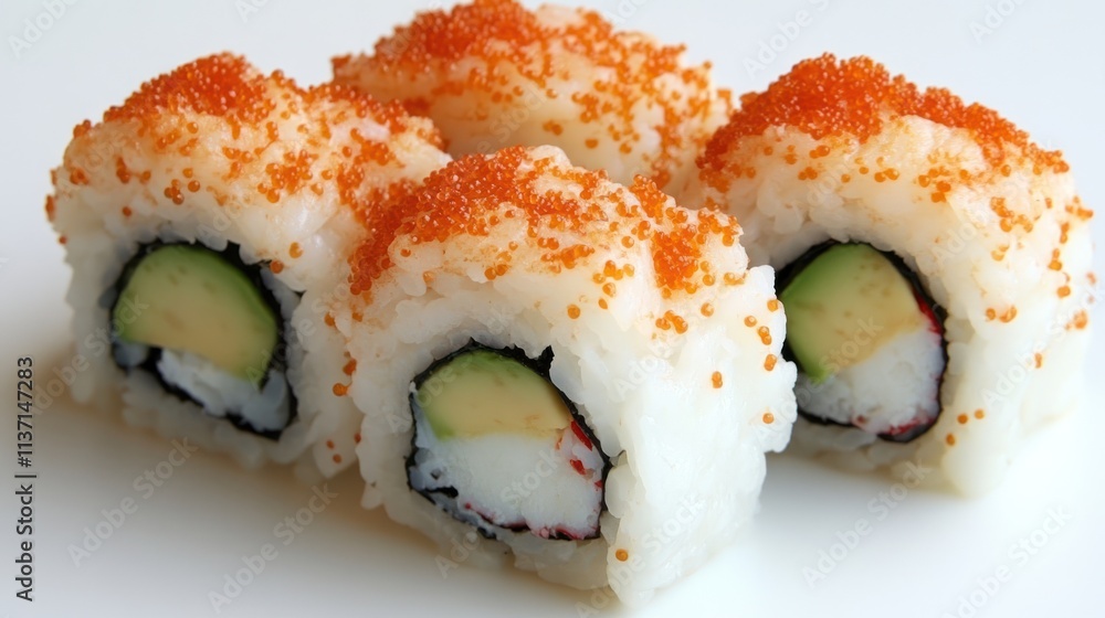 A close-up of sushi rolls topped with orange fish roe, showcasing a popular Japanese dish. A close-up of sushi rolls topped with orange fish roe, showcasing a popular Japanese dish.