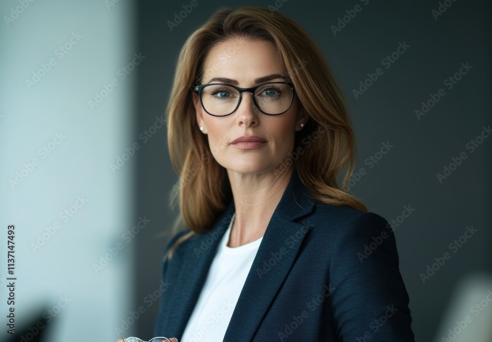 Confident Professional Woman with Glasses in Modern Office Setting Confident Professional Woman with Glasses in Modern Office Setting