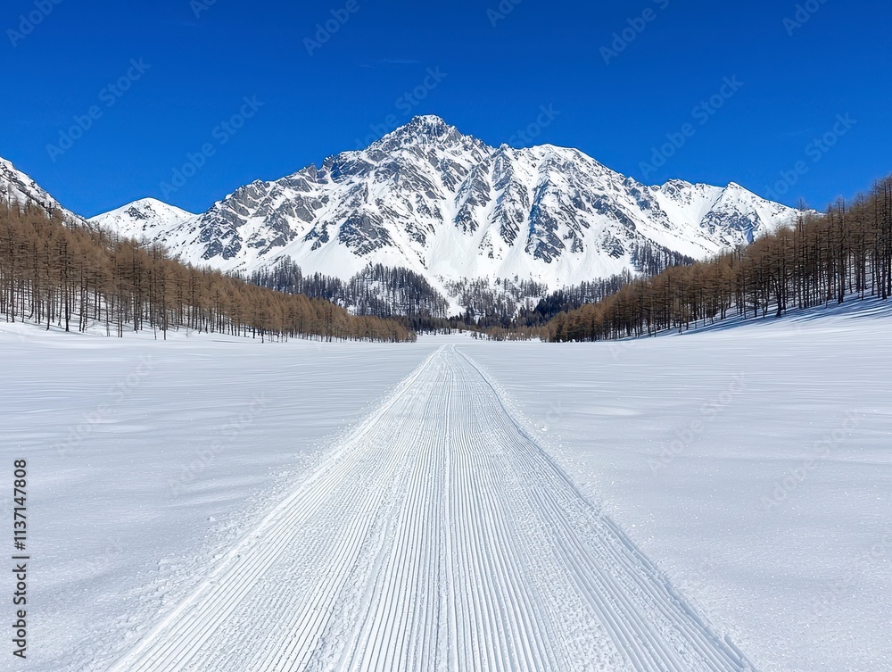 Serene Cross-Country Ski Trail in Snowy Mountain Valley Serene Cross-Country Ski Trail in Snowy Mountain Valley