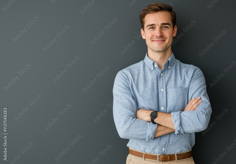 Confident young man posing against a dark gray wall backdrop Confident young man posing against a dark gray wall backdrop