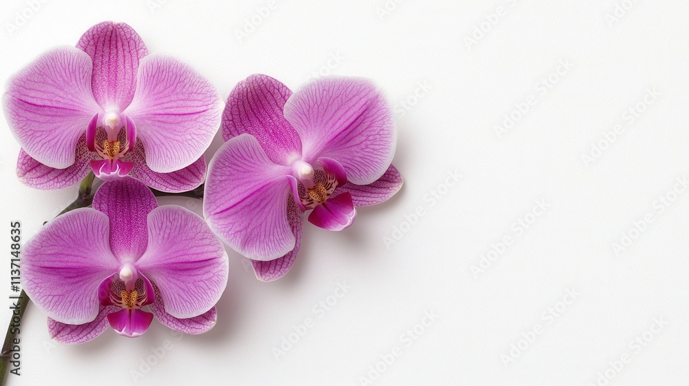 Elegant Pink Orchids on White Background, Floral Still Life Elegant Pink Orchids on White Background, Floral Still Life