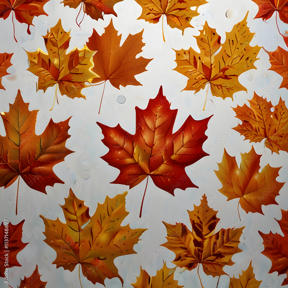 Obraz premium A scattered pattern of maple leaves in soft hues of orange, red, and golden yellow, with intricate vein detailing.