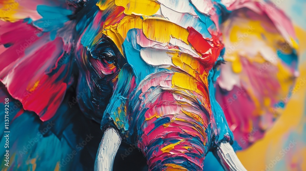 Obraz premium A vibrant and artistic close-up of an elephant, with expressive paint strokes in bright colors covering its face and ears. The textured brushstrokes create a dynamic and modern interpretation of the