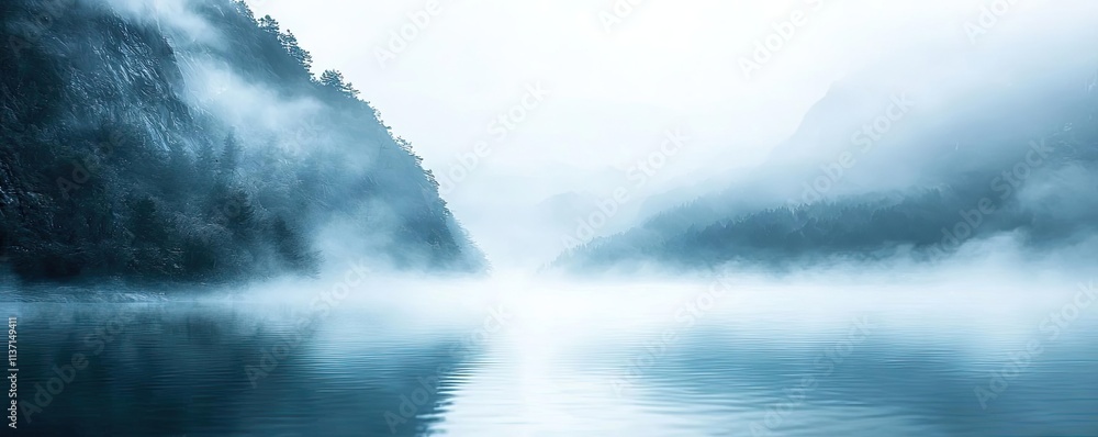 Mysterious fog concept. A serene view of misty hills reflecting on calm water, evoking tranquility and peace. Mysterious fog concept. A serene view of misty hills reflecting on calm water, evoking tranquility and peace.