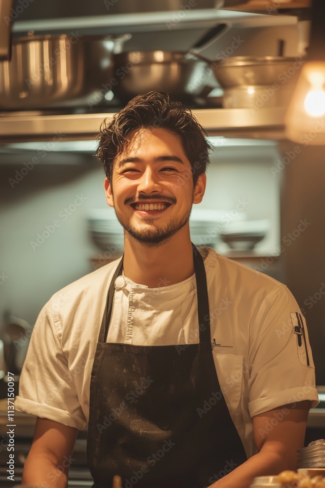 Naklejka premium A male chef wearing an apron, confident smile, soft kitchen lighting, blurred culinary equipment background,