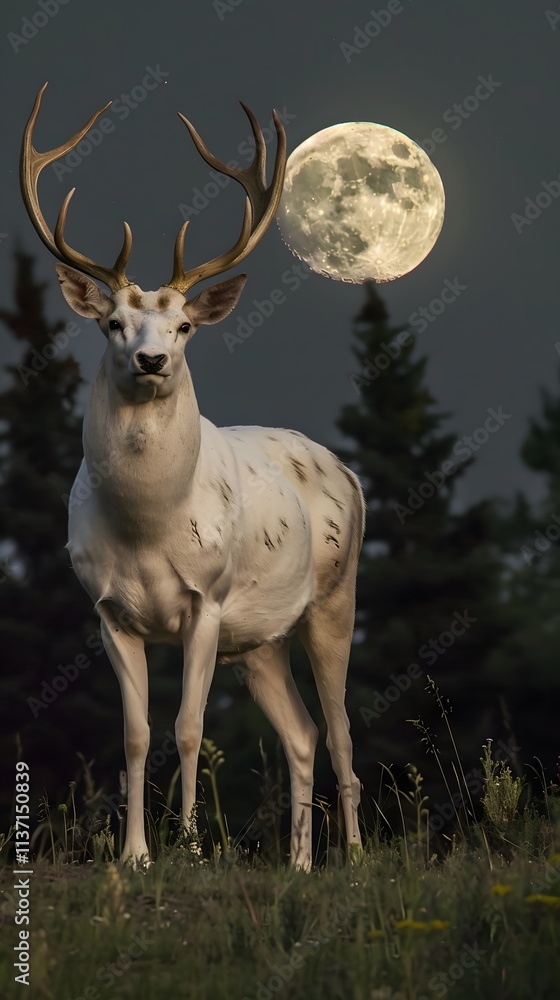 A majestic white deer with perfect antlers, on the mountain and the beautiful view of the full moon at night A majestic white deer with perfect antlers, on the mountain and the beautiful view of the full moon at night