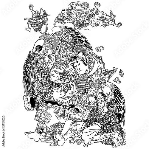 【源義仲四天王トともに木曾の奥山に天狗を退治す・駒若丸源義仲根の井】【勝川春章】