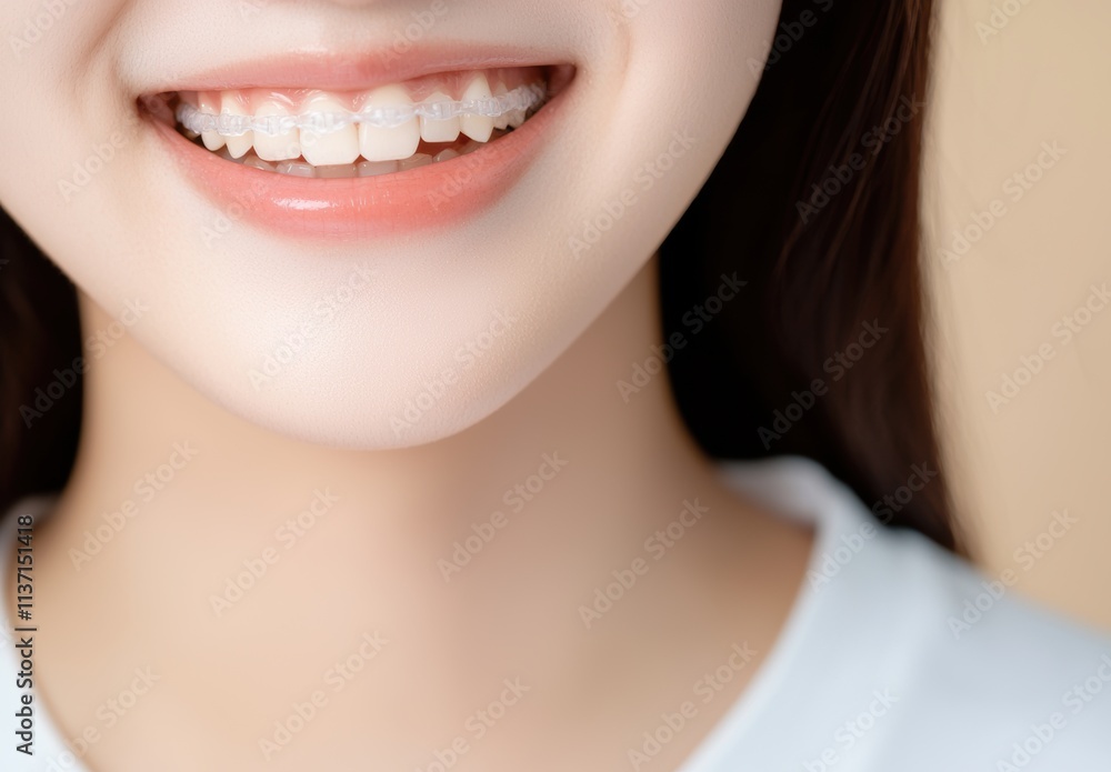 Close-up of Smiling Young Woman with Clear Braces on Teeth Close-up of Smiling Young Woman with Clear Braces on Teeth
