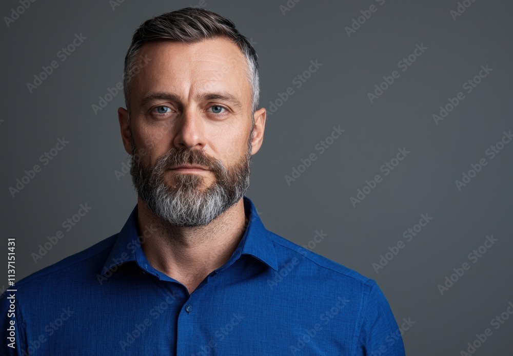 Thoughtful man with beard in blue shirt against gray background Thoughtful man with beard in blue shirt against gray background