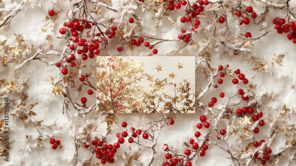 Winter Wonderland Scene with Red Berries and Golden Leaves Decoration Winter Wonderland Scene with Red Berries and Golden Leaves Decoration