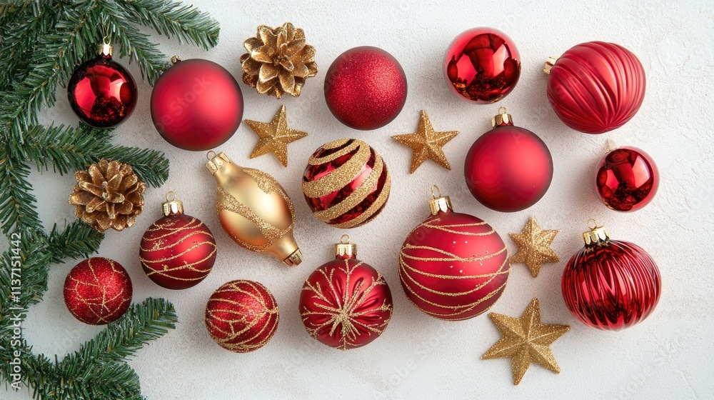 Elegant Red and Gold Christmas Ornaments on Light Background Elegant Red and Gold Christmas Ornaments on Light Background