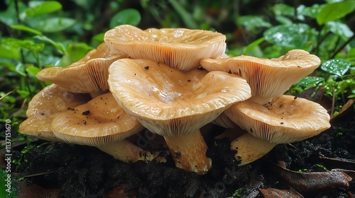 Cluster of Pale Brown Mushrooms Growing in Forest photo