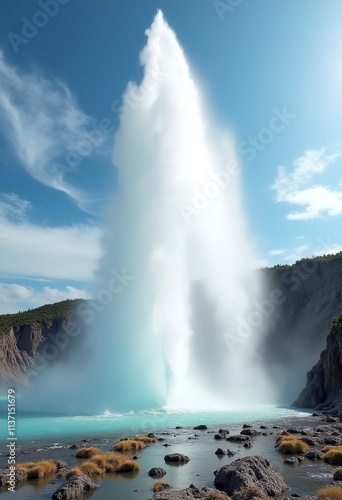 Dramatic Landscape of a Geyser Erupting with High Contrast and Morning Light Over Steep Rocky Cliffs