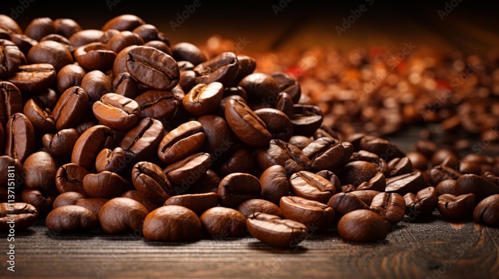 A pile of coffee beans on a wooden table A pile of coffee beans on a wooden table