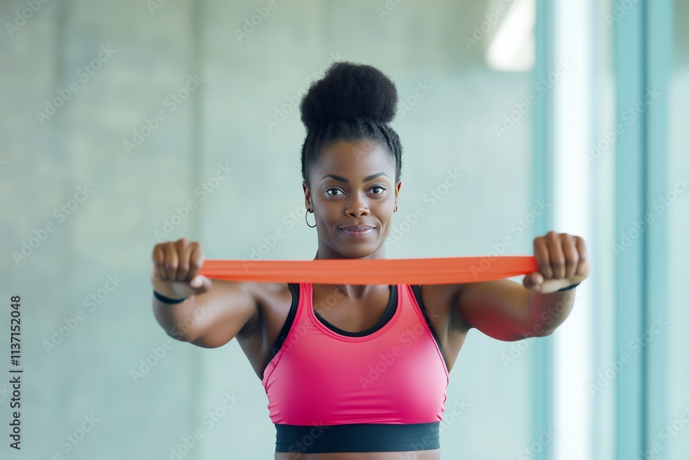 Woman in pink workout attire stretching a resistance band during an exercise session