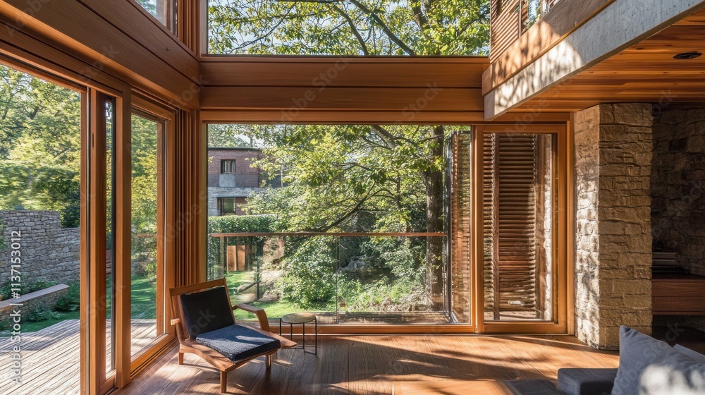Sunlit modern home interior with large windows, wooden beams, and stone wall, showcasing a tranquil garden view. Sunlit modern home interior with large windows, wooden beams, and stone wall, showcasing a tranquil garden view.
