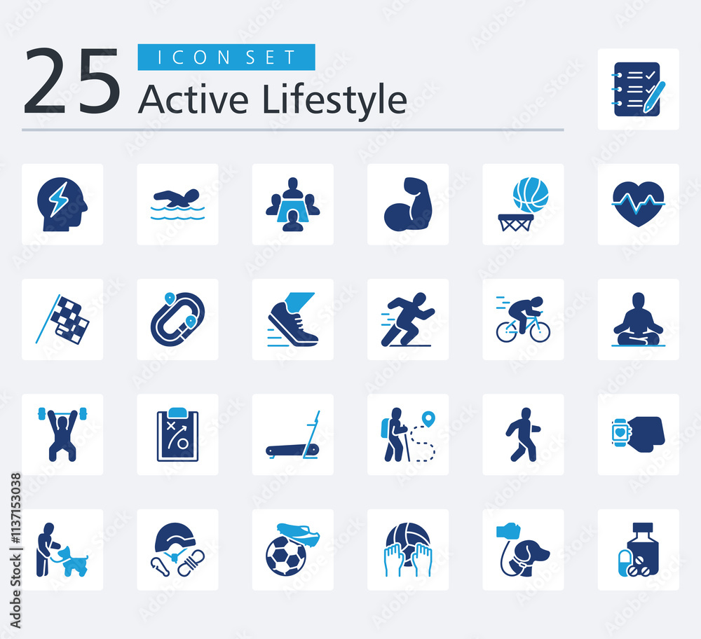 Obraz premium ACTIVE LIFESTYLE ICON SET COLOR FILL STYLE with to do list, energy, swimming, meeting, muscle, basketball and heart beat