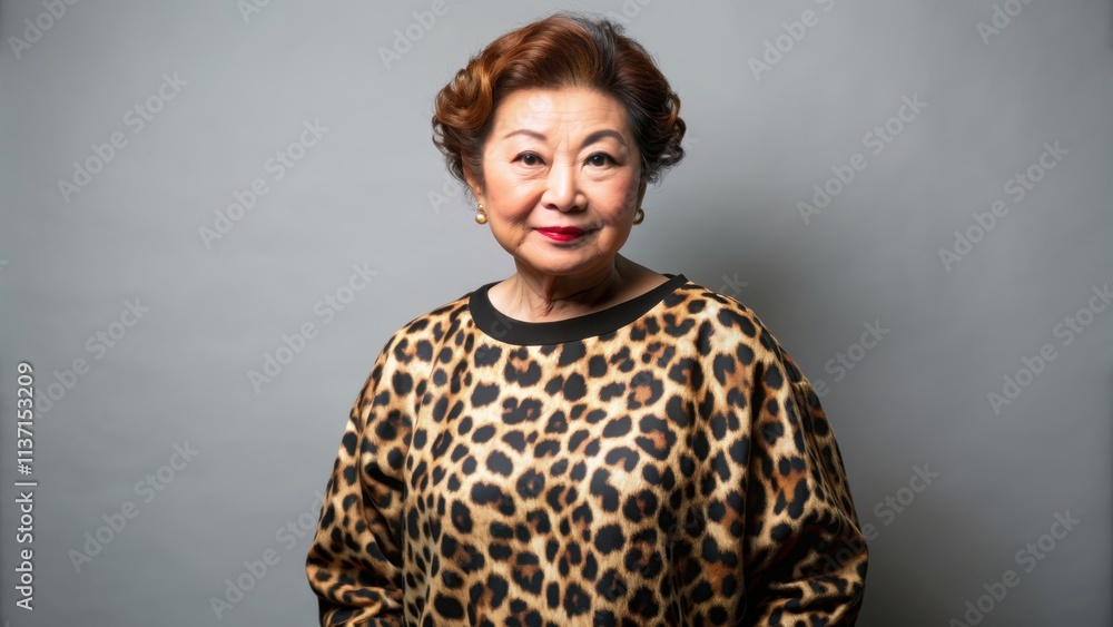 Fototapeta premium Osaka's auntie wearing a stylish leopard print sweatshirt isolated on background , fashion, trendy, auntie, Osaka, leopard print