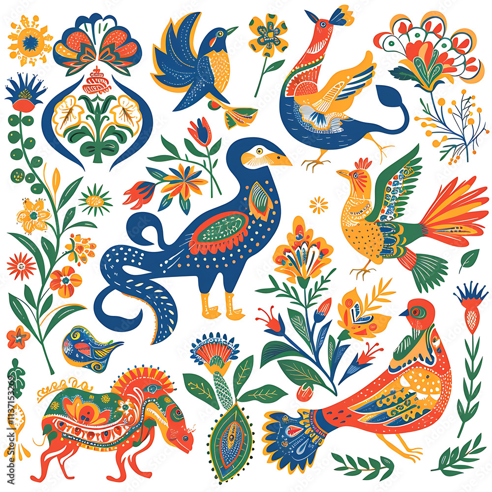 Obraz premium Colorful Folk Art Floral and Animal Illustrations