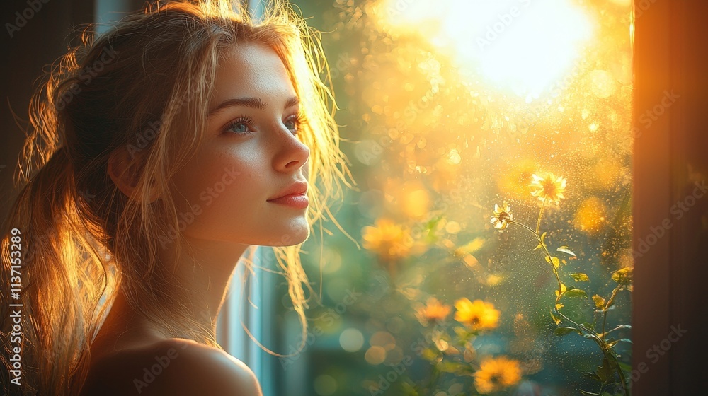 Fototapeta premium Portrait of a woman in warm sunlight surrounded by flowers