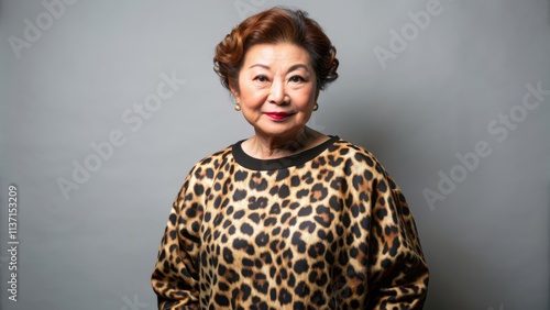 Osaka's auntie wearing a stylish leopard print sweatshirt isolated on background , fashion, trendy, auntie, Osaka, leopard print