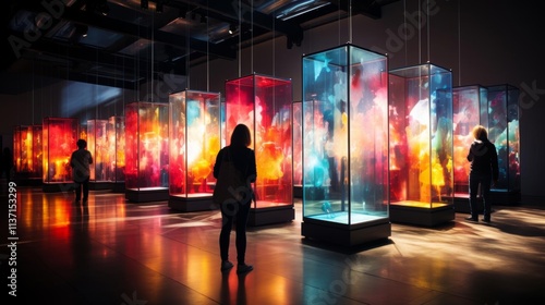 A woman is looking at a display of colorful glass cases