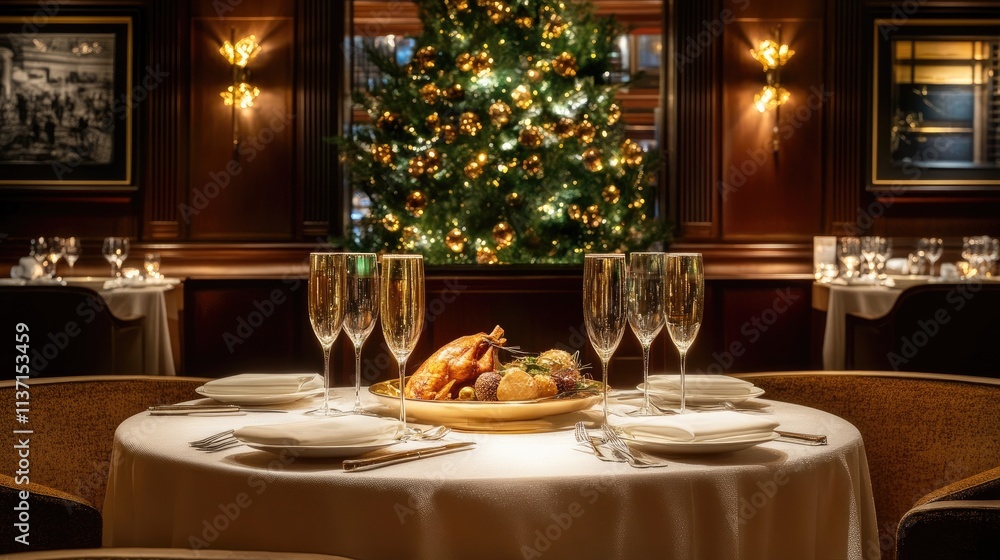 Elegant Dinner Setup with Holiday Tree and Gourmet Food Display Elegant Dinner Setup with Holiday Tree and Gourmet Food Display