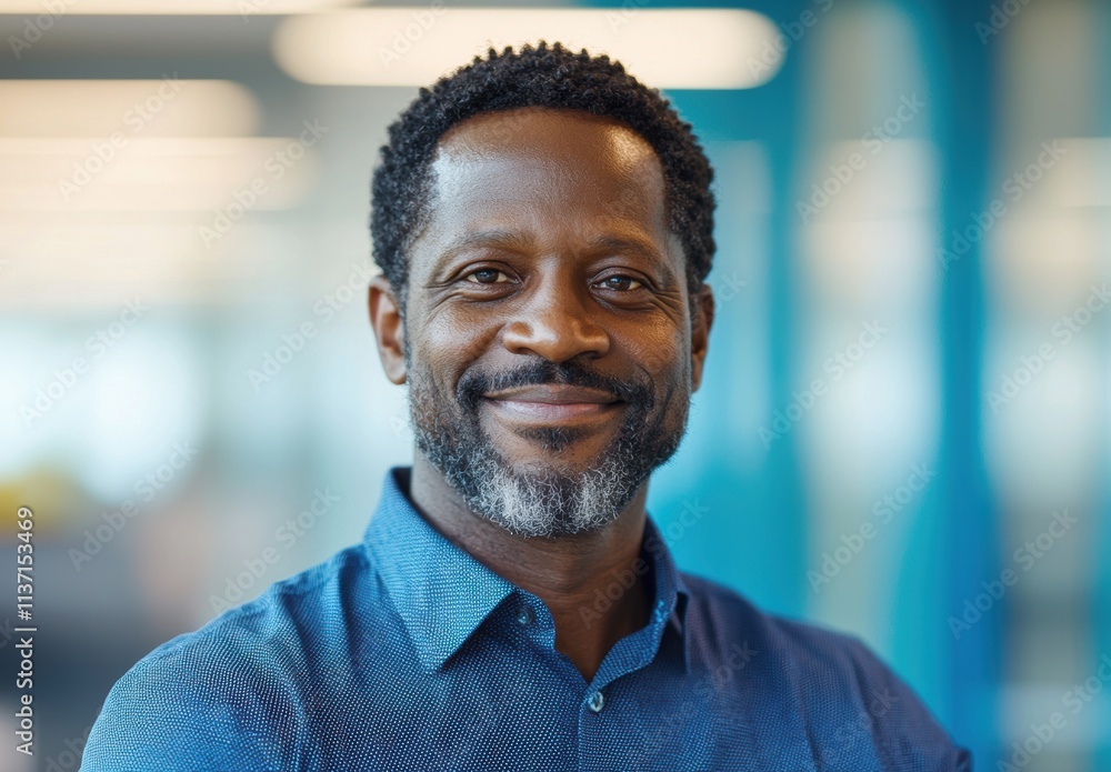 Smiling professional man in a modern office environment with blue tones Smiling professional man in a modern office environment with blue tones