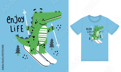 Cute crocodile playing ice ski illustration with tshirt design premium vector