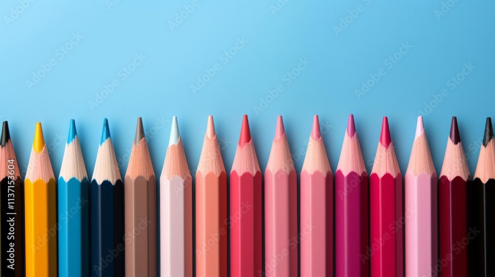 A row of colorful pencils on a blue background A row of colorful pencils on a blue background
