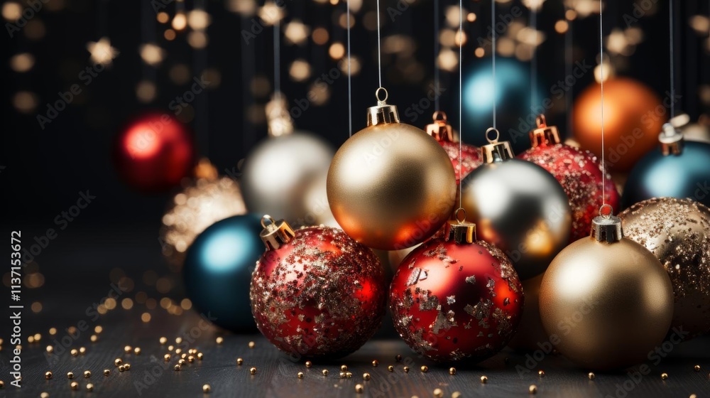 A bunch of Christmas ornaments are hanging from a string A bunch of Christmas ornaments are hanging from a string