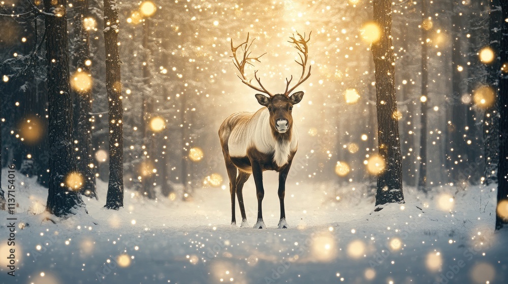 Majestic Reindeer Standing in Snowy Forest with Soft Golden Glow Majestic Reindeer Standing in Snowy Forest with Soft Golden Glow