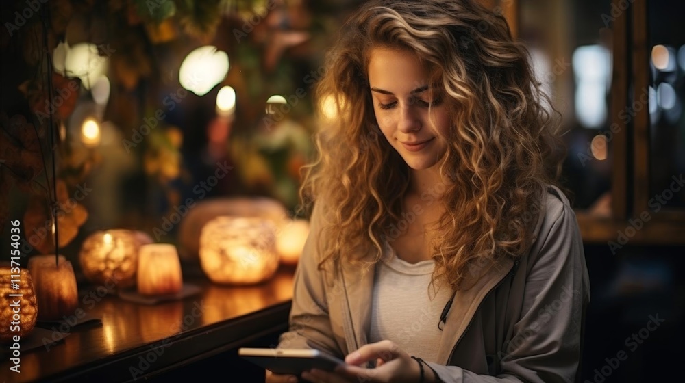 A woman with long hair is sitting at a table with a cell phone in her hand A woman with long hair is sitting at a table with a cell phone in her hand
