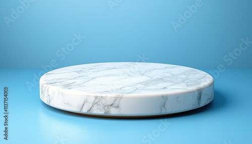 minimalist round marble podium presentation concept. Marble round platform on blue background, perfect for presentation.