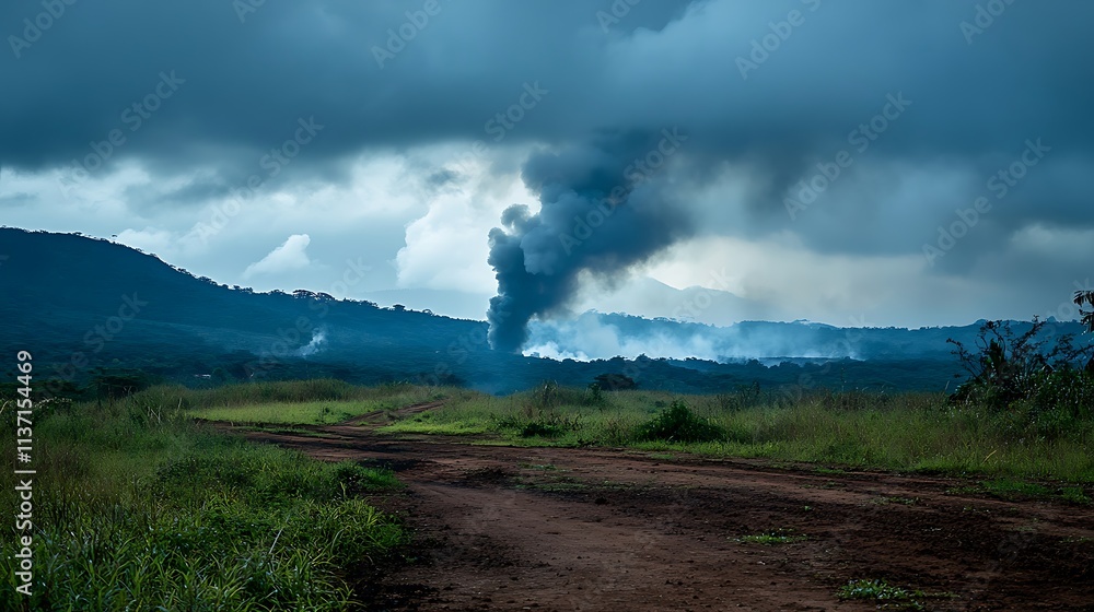 Dark Smoke Rising Over Lush Green Hills Dark Smoke Rising Over Lush Green Hills
