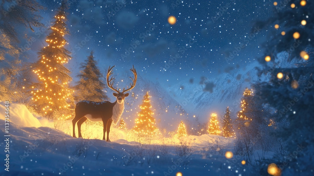 Serene Winter Night Landscape with Snow, Trees, and a Reindeer Serene Winter Night Landscape with Snow, Trees, and a Reindeer