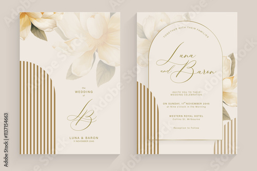 Aesthetic Wedding Invitation Template with Vintage White Flower Watercolor Arrangement