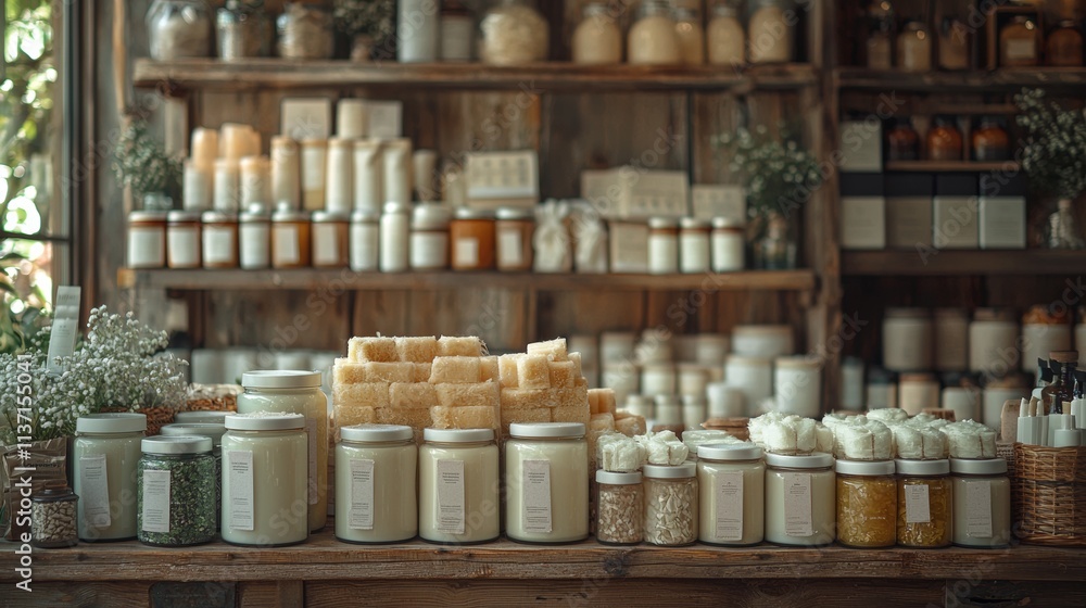 Rustic shelves with natural handmade skincare products Rustic shelves with natural handmade skincare products