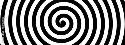 Black and white hypnotic spiral background. Radial optical illusion art. Swirl tunnel wallpaper. Spinning concentric circles. Vortex or whirlpool design for poster, banner, flyer, booklet. Vector