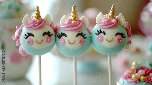 Colorful unicorn cake pops with playful expressions and decorative details.
