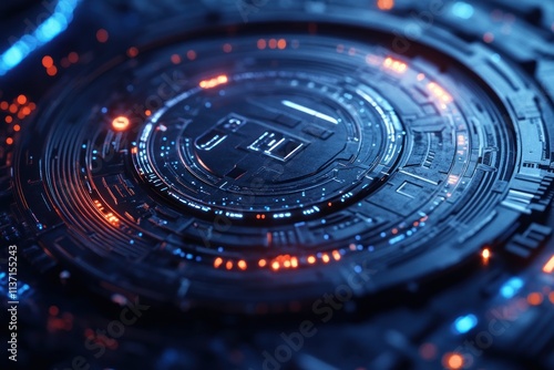 Wallpaper Mural Futuristic circular tech interface with glowing blue and orange lights. Torontodigital.ca