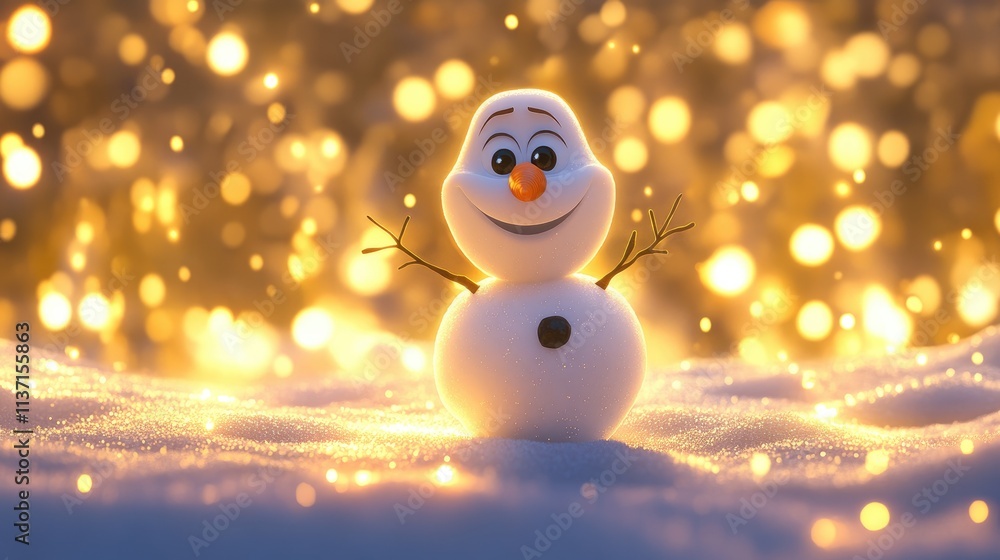 Obraz premium Cheerful Snowman Surrounded by Glowing Winter Lights and Snow