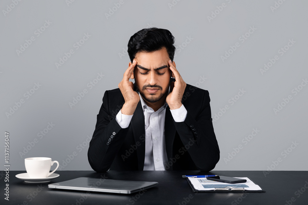 A Middle Eastern entrepreneur sits at a desk, visibly stressed. He touches his temples as he deals with corporate challenges at his workplace during a busy day, surrounded by paperwork and a laptop. A Middle Eastern entrepreneur sits at a desk, visibly stressed. He touches his temples as he deals with corporate challenges at his workplace during a busy day, surrounded by paperwork and a laptop.