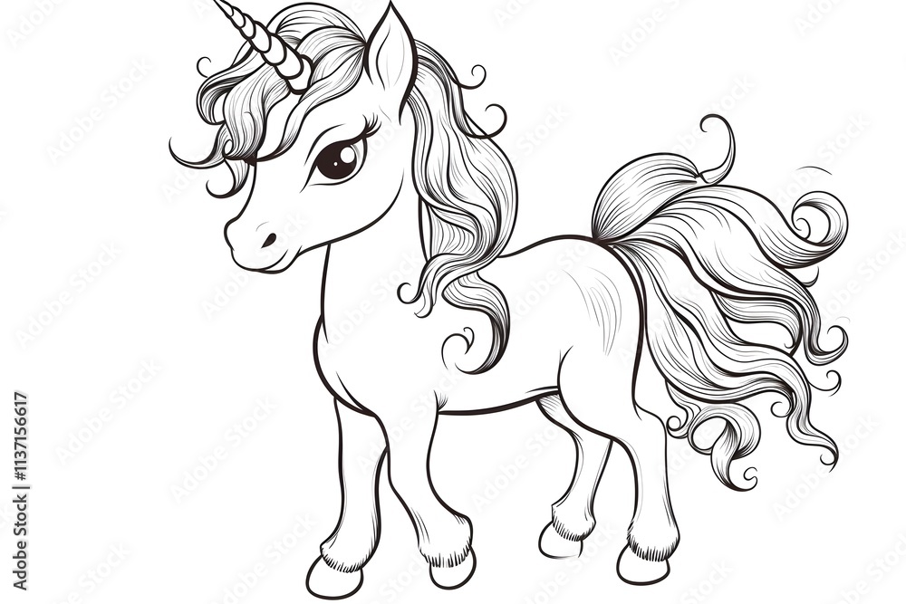 Fototapeta premium Vector cartoon cute unicorn with rainbow mane on white background. Children's illustration. Magic. Wonderland.