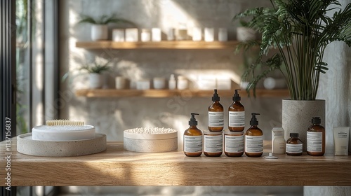 Wallpaper Mural Minimalist skincare products displayed on wooden shelves Torontodigital.ca