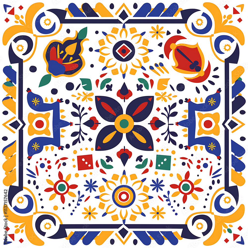 Fototapeta premium Colorful Floral Pattern with Geometric Design