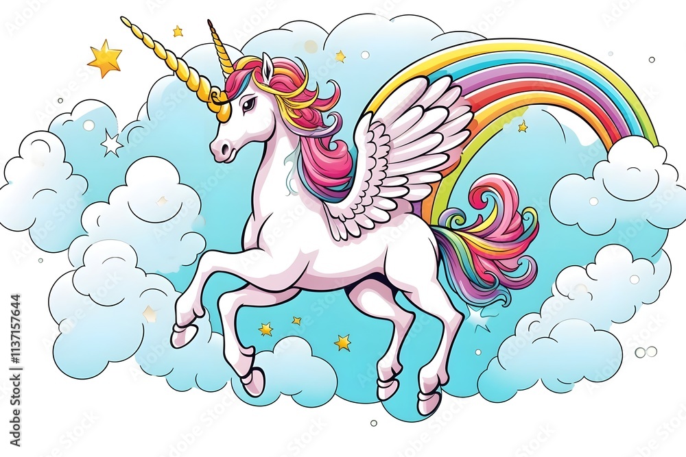 Fototapeta premium Vector cartoon cute unicorn with rainbow mane on white background. Children's illustration. Magic. Wonderland. 