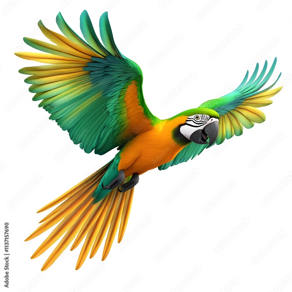Fototapeta premium Vibrant Flying Macaw with Outstretched Wings in Shades of Green, Blue, and Orange, Capturing the Grace and Beauty of a Tropical Parrot in Flight on a White Background